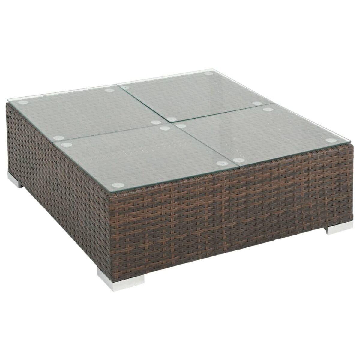 Ein quadratischer Couchtisch mit dunkelbraunem, gewebtem Sockel und einer Glasplatte mit vier Feldern.