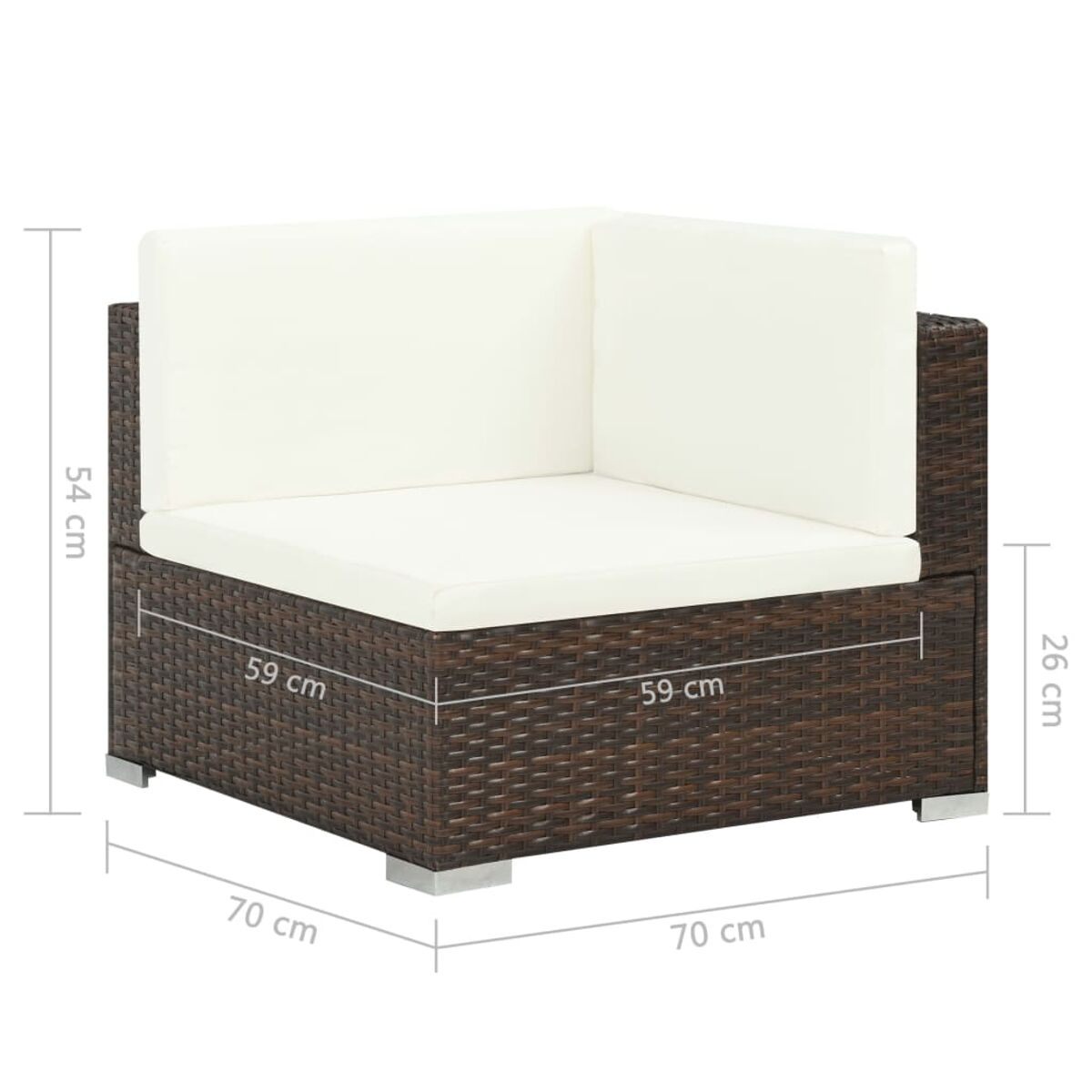Ecksofa mit weißen Kissen. Maße: 70x70cm Basis, 59cm Sitzfläche, 54cm hoch, 26cm tief.