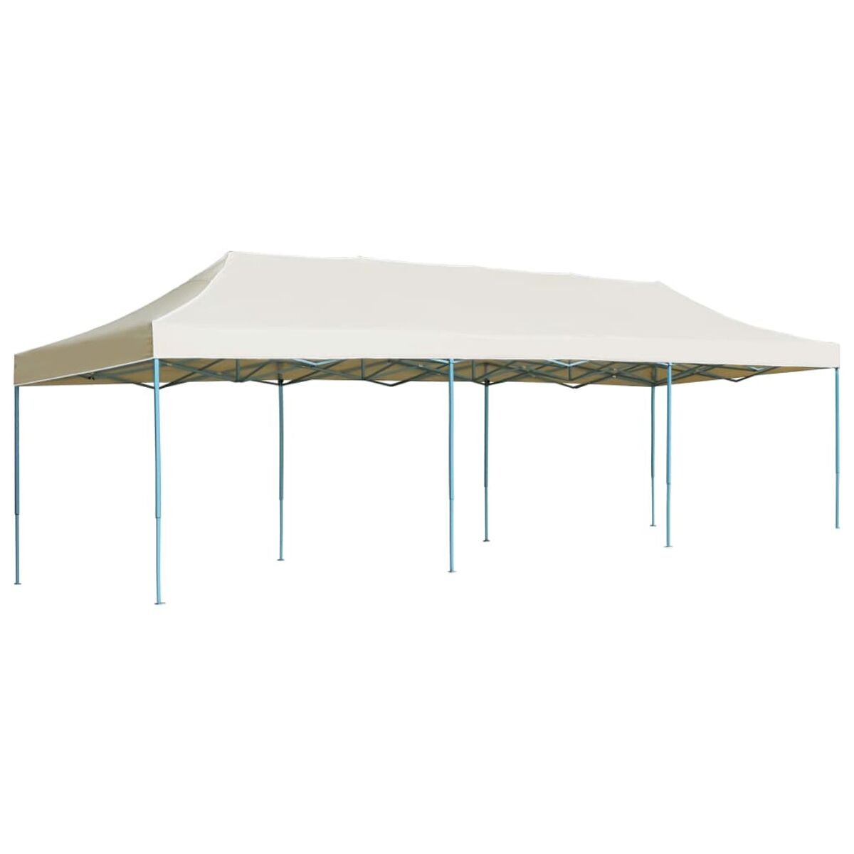 Ein beiges Pop-up-Zelt. Es ist rechteckig mit einem cremefarbenen Canvas-Dach und blauen Stangen, die es stützen.
