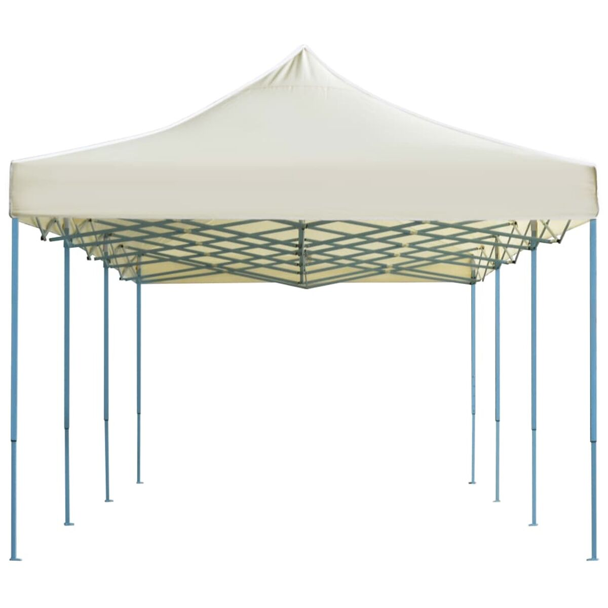 Ein weißes Pop-up-Gartenhaus mit blauen Stangen, vor weißem Hintergrund.