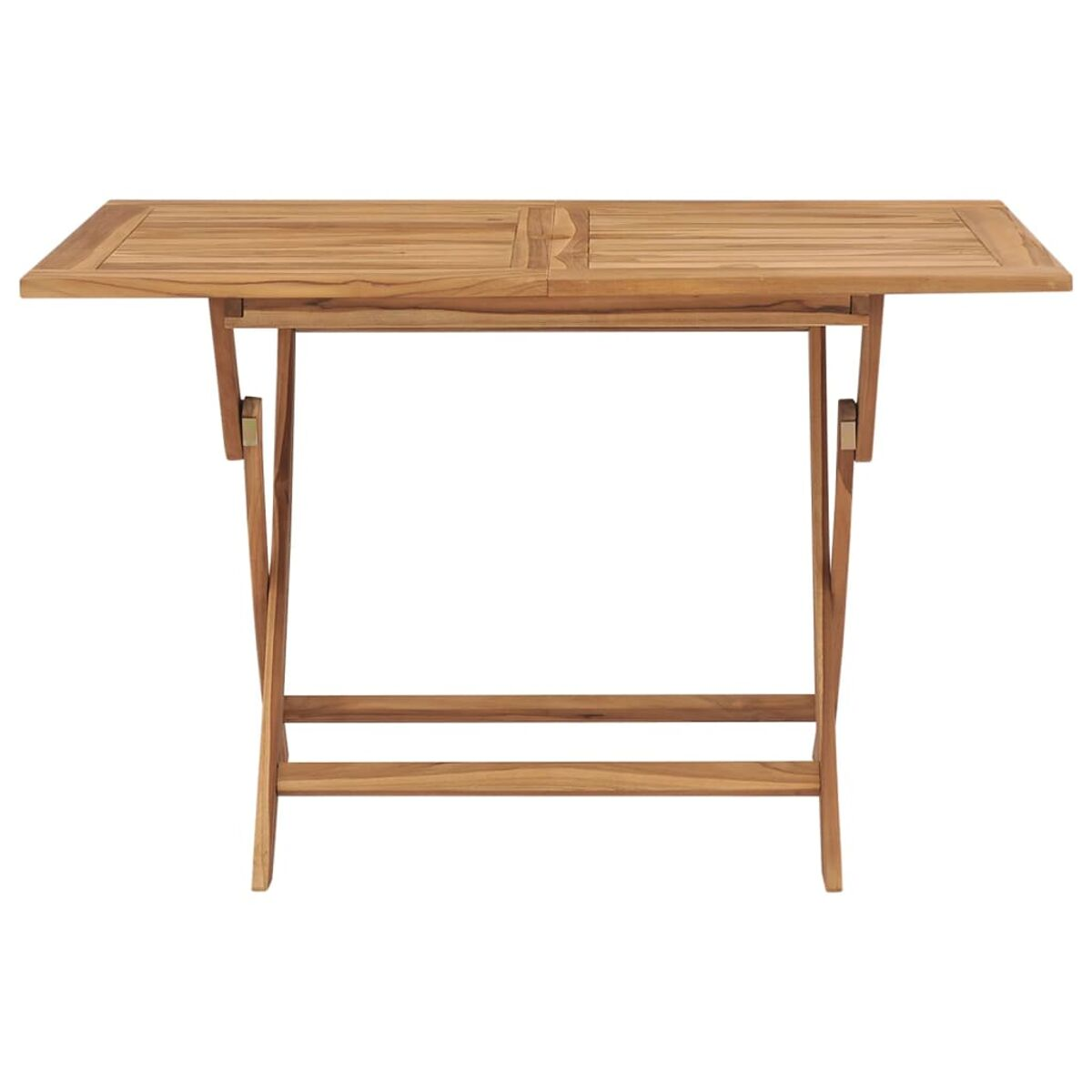 Ein rechteckiger, klappbarer Holztisch. Er ist braun und hat eine helle Holzmaserung.