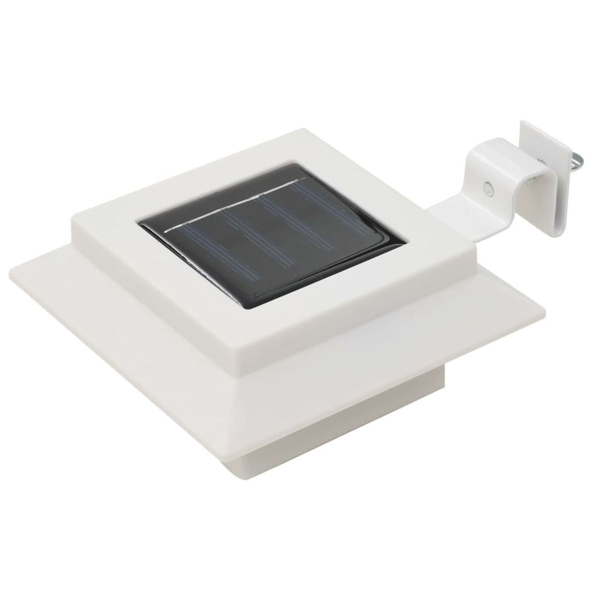 Weiße Solarpanel-Leuchte mit Halterung.