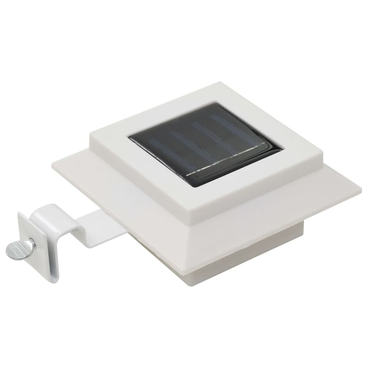 Eine weiße solarbetriebene Leuchte mit Halterung und Schraube.