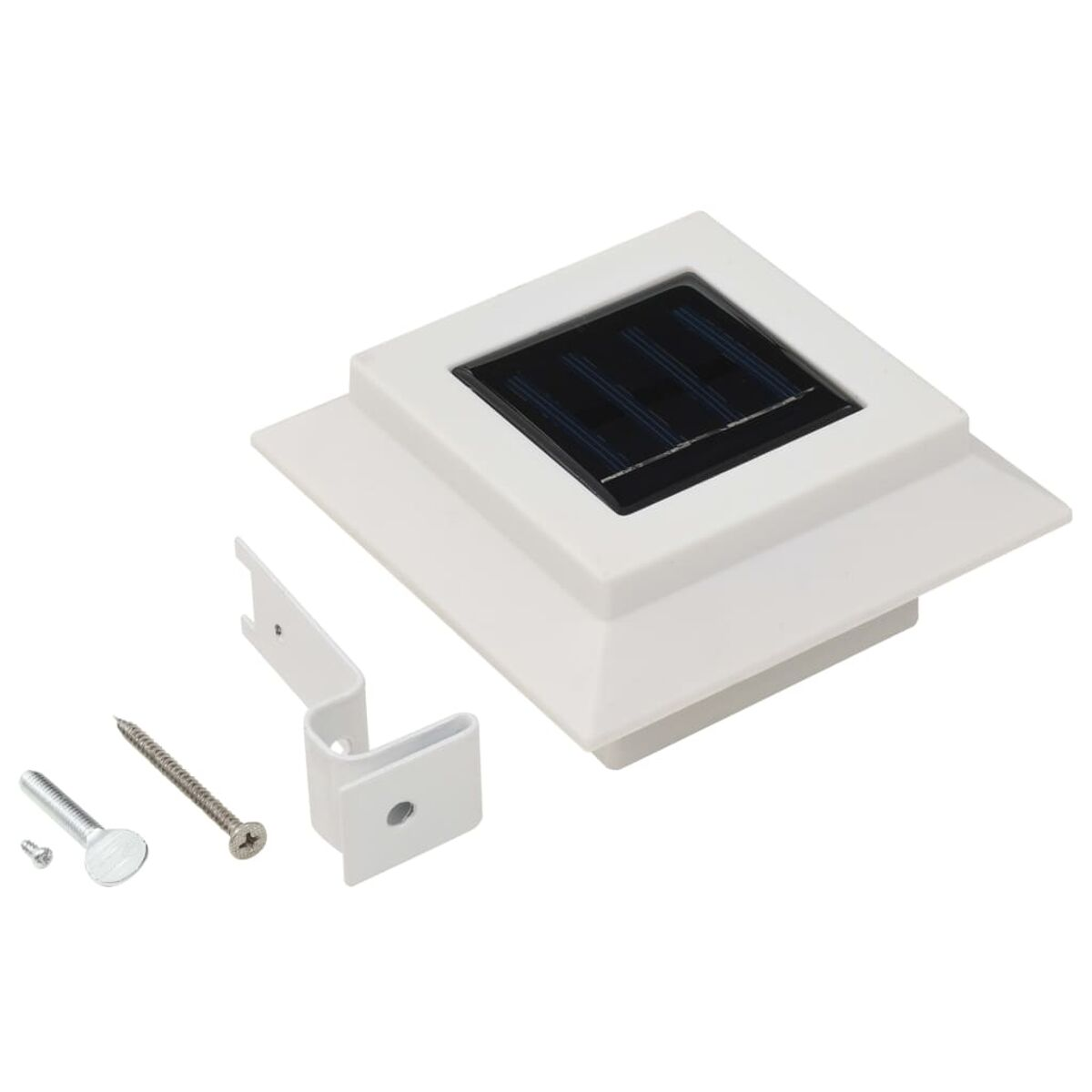 Weiße Solar-Pfostenleuchte mit Komponenten. Schrauben und Halterung.
