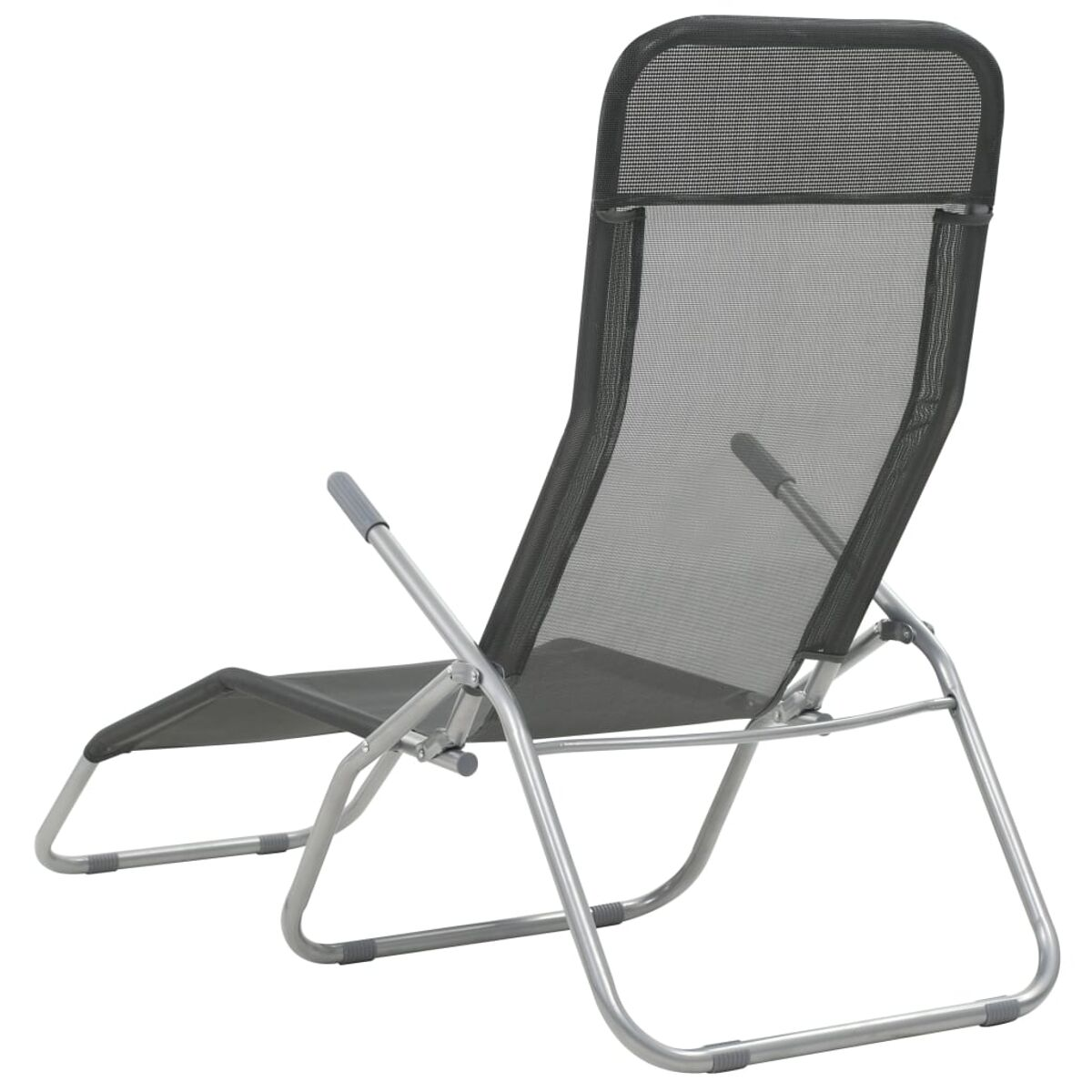 Schwarzer Netz-Outdoor-Liegestuhl mit silbernem Rahmen, zurückgelehnte Position.
