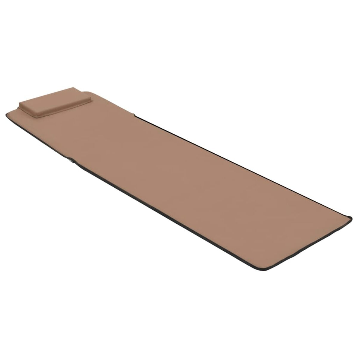 Beige Schlafmatte mit Kissen, schwarzem Besatz und weißem Hintergrund.