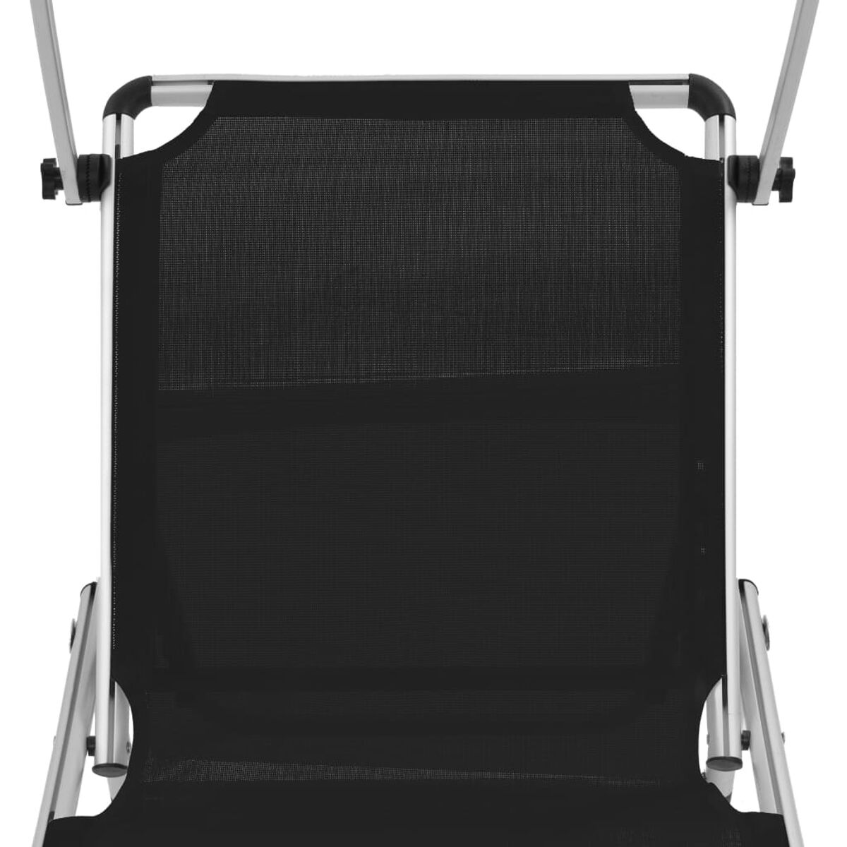 Schwarzer Netz-Deckchair. Draufsicht. Silberner Rahmen. Weißer Hintergrund. Bequemes Design.