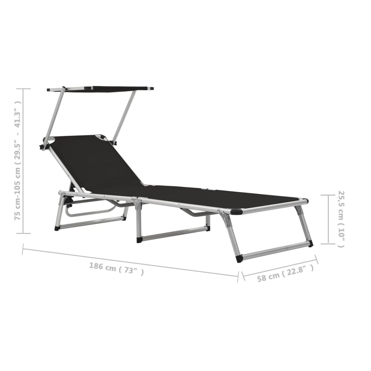 Eine schwarze Chaiselongue mit einem Baldachin, mit angegebenen Abmessungen. Der Hintergrund ist weiß.