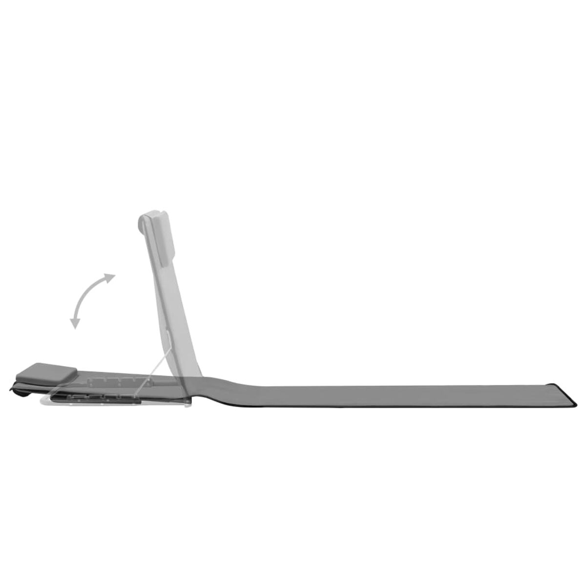 Ein faltbarer, grauer Laptopständer mit einem Laptop darauf, in gekippter Position gezeigt.