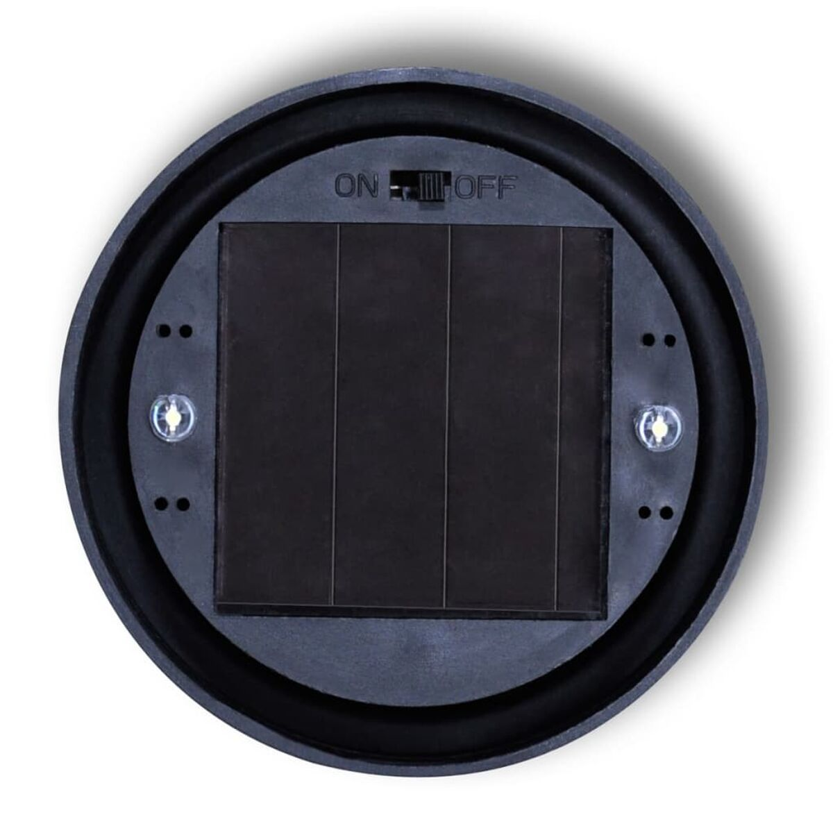 Solarleuchte, schwarze Basis mit Solarpanel und Ein-/Ausschalter. Weißer Hintergrund.