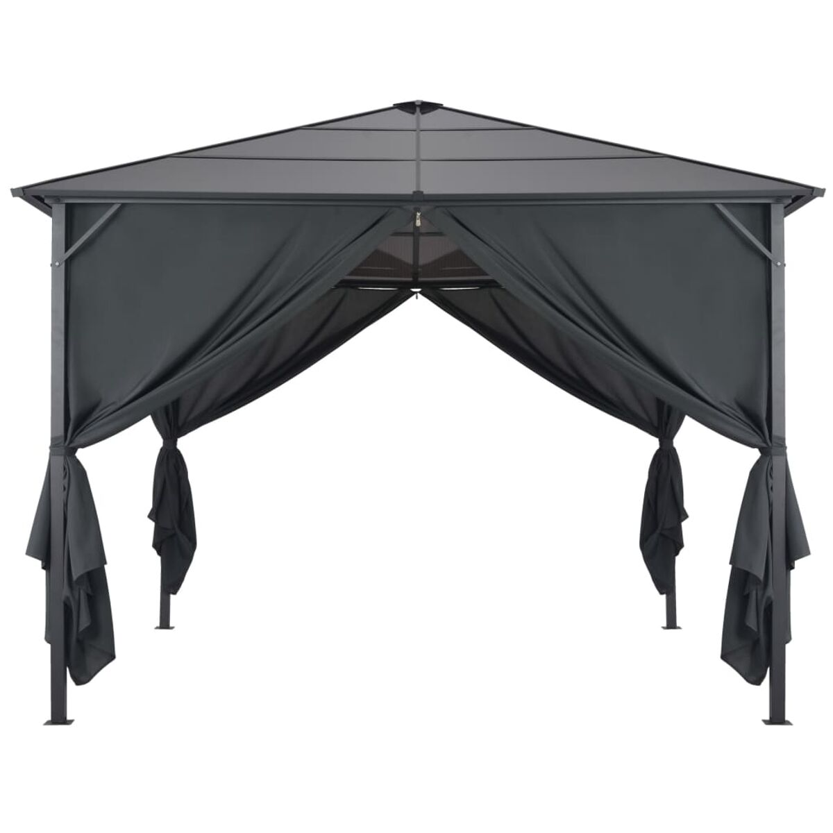 Pavillon mit dunkelgrauem Rahmen und Vorhängen. Die Vorhänge sind zurückgebunden. Weißer Hintergrund.