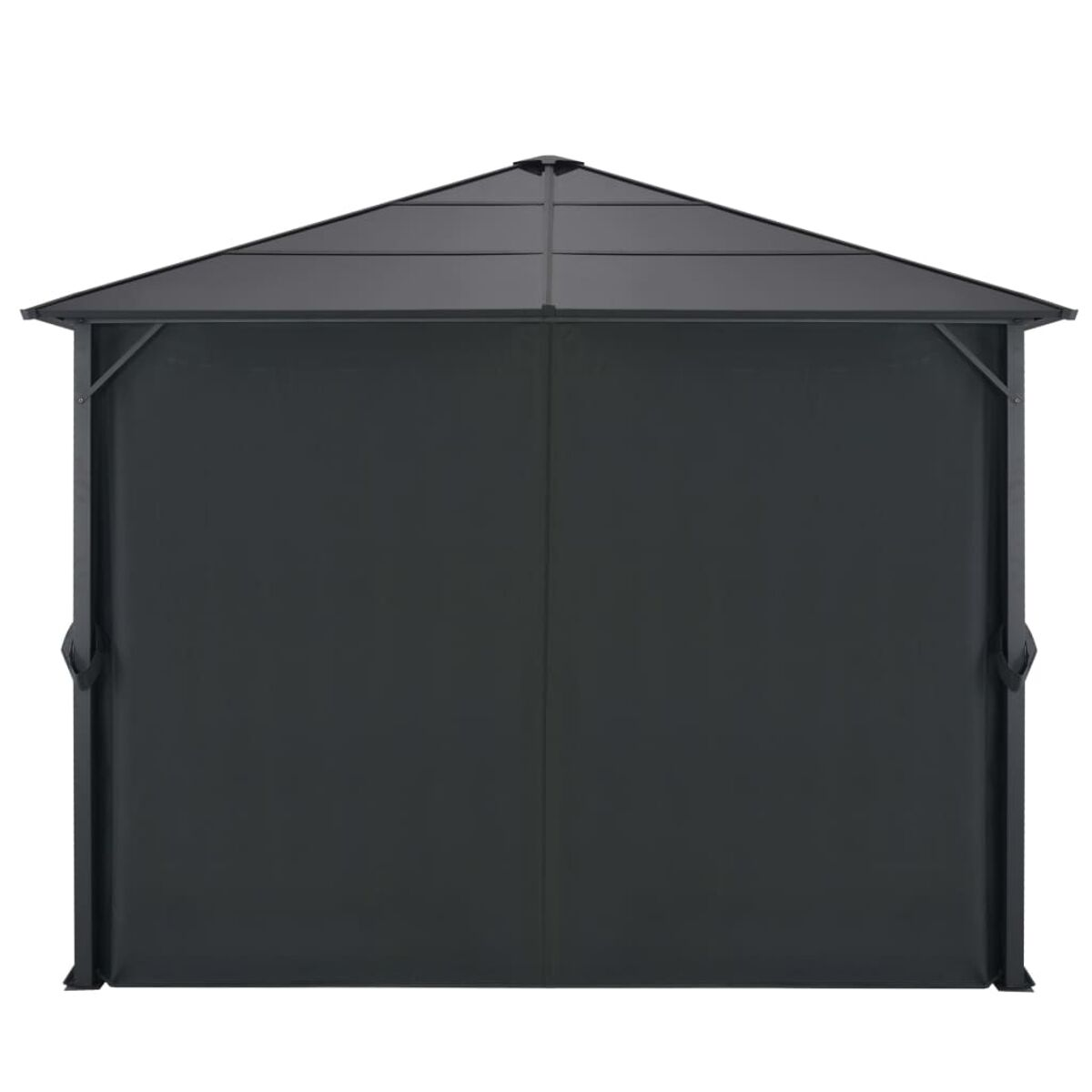 Grauer Outdoor-Pavillon mit geschlossenen Seiten. Dunkles Dach und Rahmen. Solider Hintergrund.