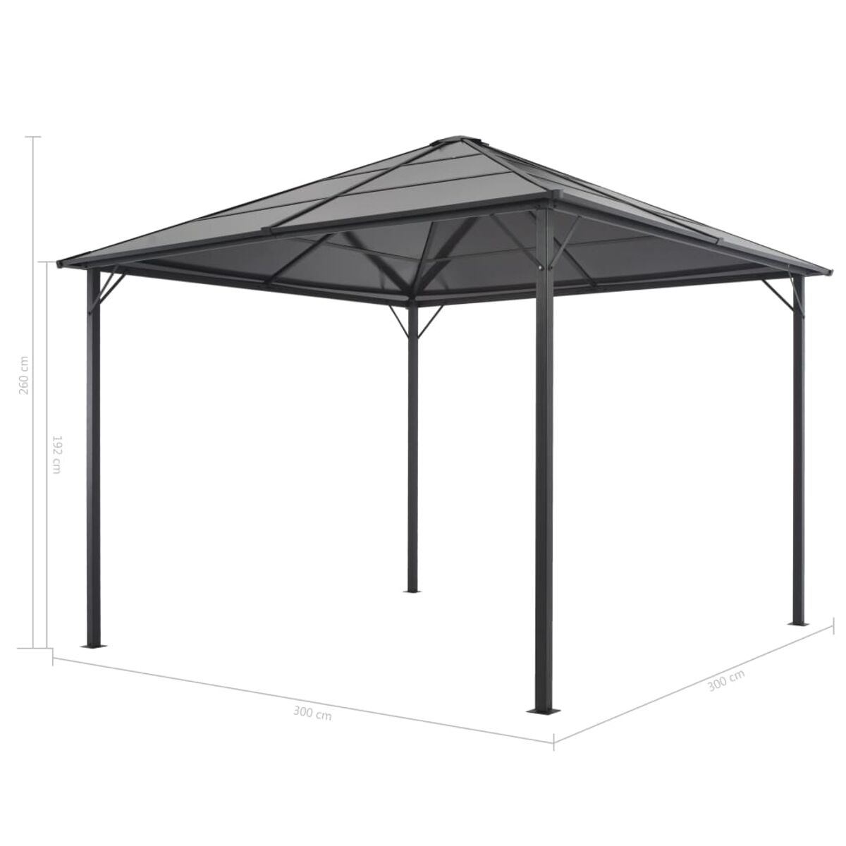 Ein grauer Pavillon, quadratisch mit angegebenen Maßen. Hat ein dunkelgraues Dach.