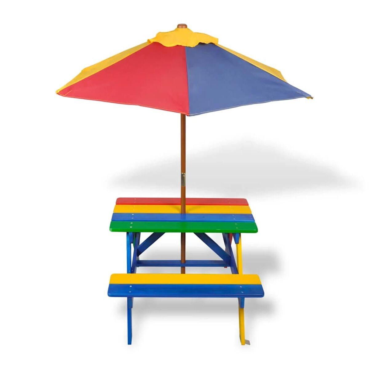 Bunter Kinder-Picknicktisch mit Sonnenschirm auf weißem Hintergrund.