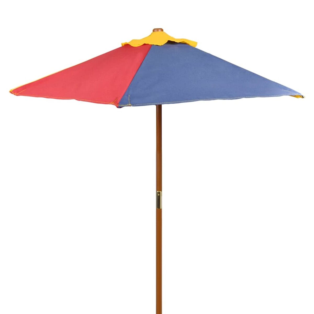Roter, blauer und gelber Regenschirm. Brauner Holzpfahl. Weißer Hintergrund.