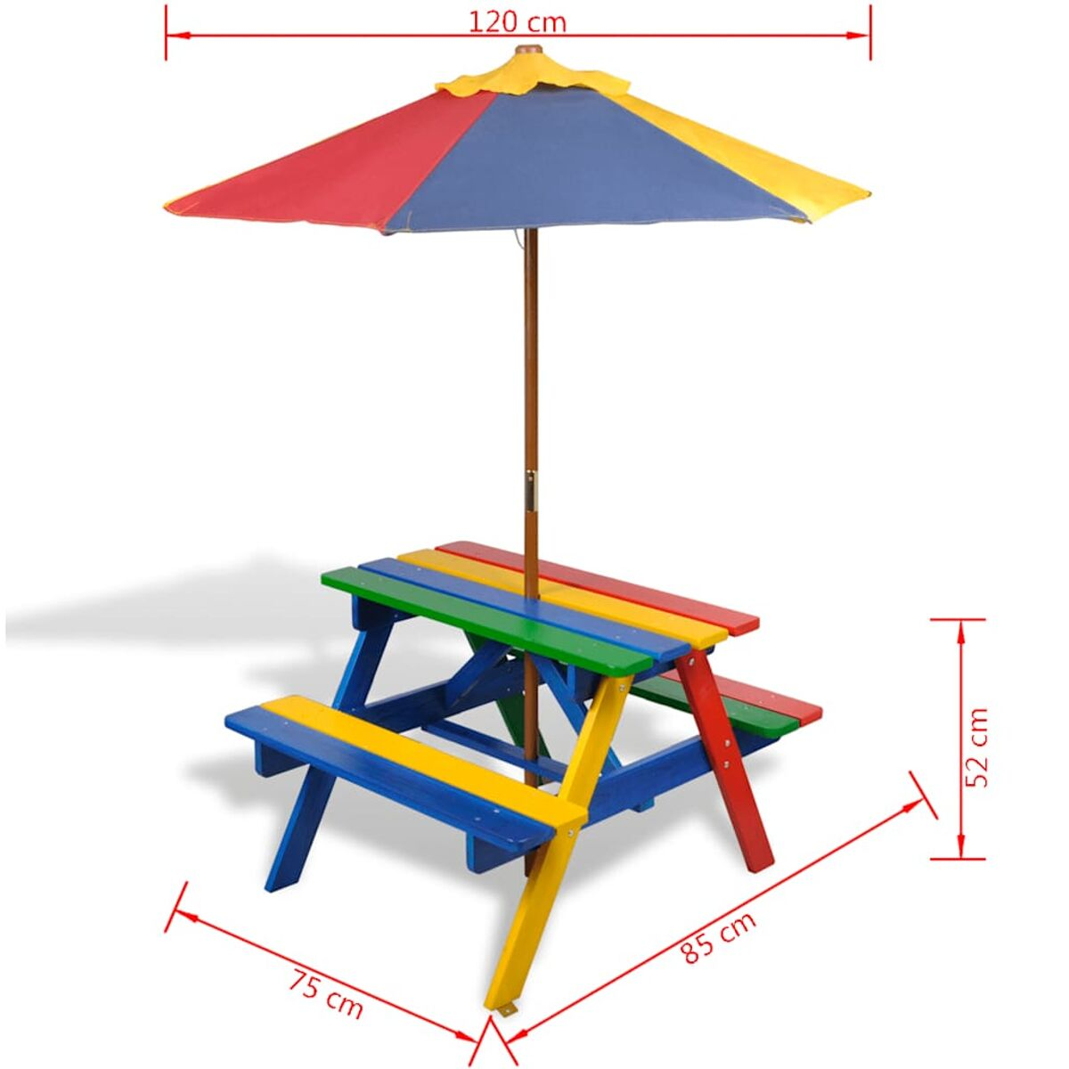 Ein bunter Kindertisch mit Sonnenschirm. Abmessungen sind angegeben.