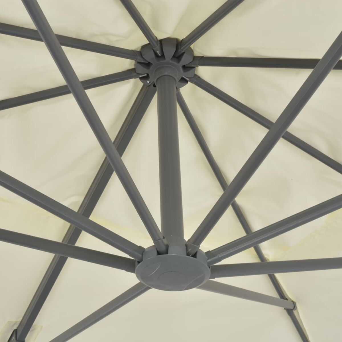 Interno di un ombrello bianco. Struttura in metallo grigio, tessuto beige. Palo centrale con raggi che si irradiano verso l'esterno.