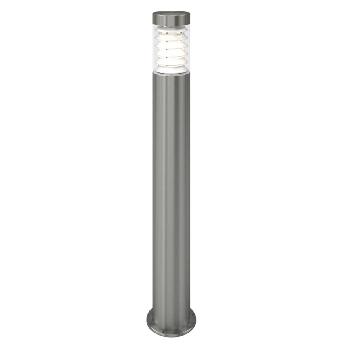Silberne Pollerleuchte mit zylindrischem Körper und leuchtendem Kopf.