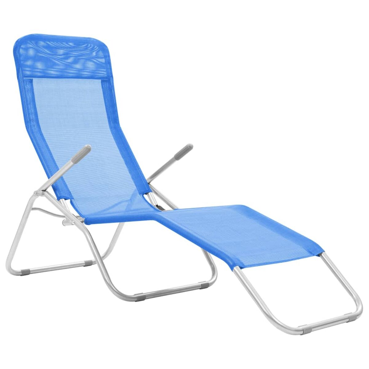 Ein blauer Outdoor-Liegestuhl aus Mesh mit silbernem Rahmen, nach rechts geneigt.