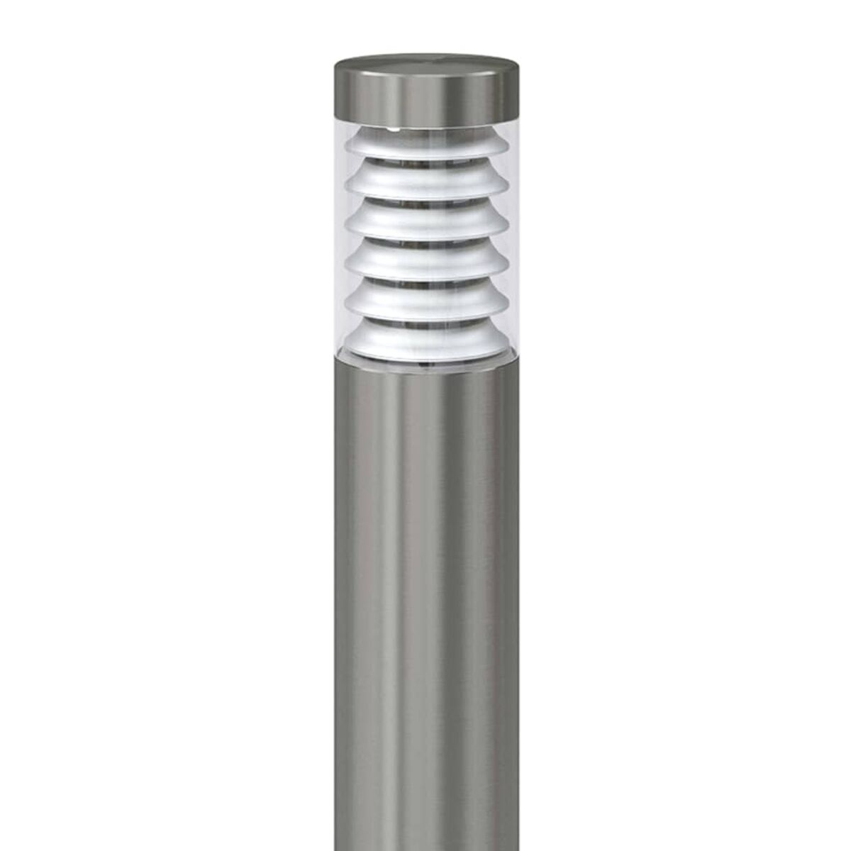 Eine silberne Metall-Außenlampe mit zylindrischem Körper und gerippter Oberseite.