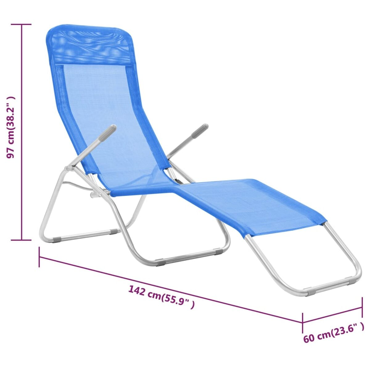 Eine blaue Chaiselongue aus Netzstoff mit Maßangaben: 142 cm lang, 97 cm hoch, 60 cm breit.