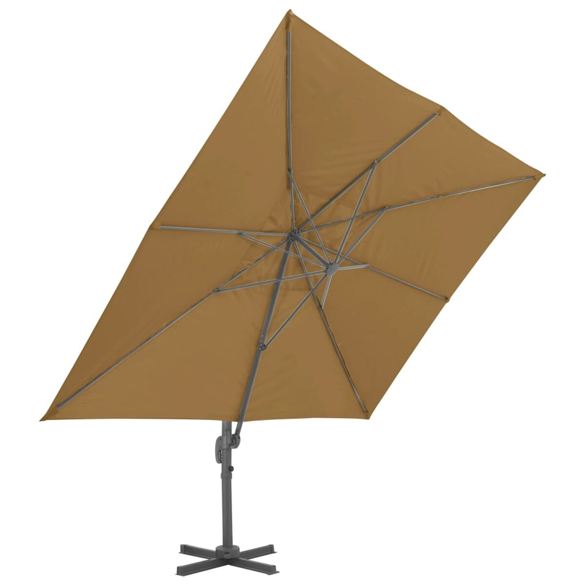 Ein brauner quadratischer Sonnenschirm, schräg geöffnet, vor weißem Hintergrund.