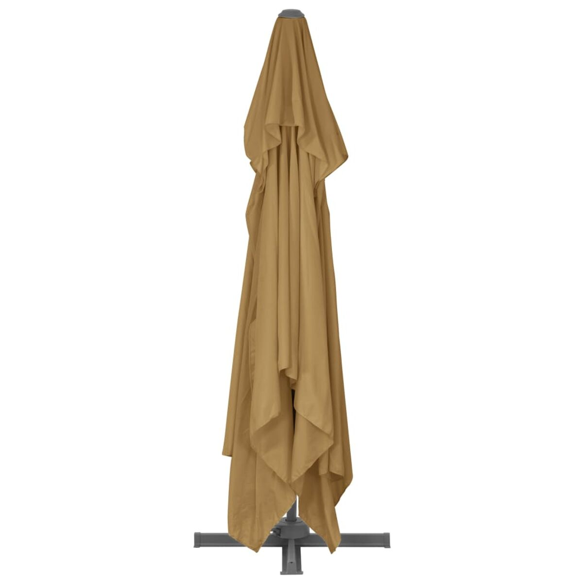 Geschlossener beiger Sonnenschirm. Stoff ist drapiert, mit zentraler Stange und Sockel.