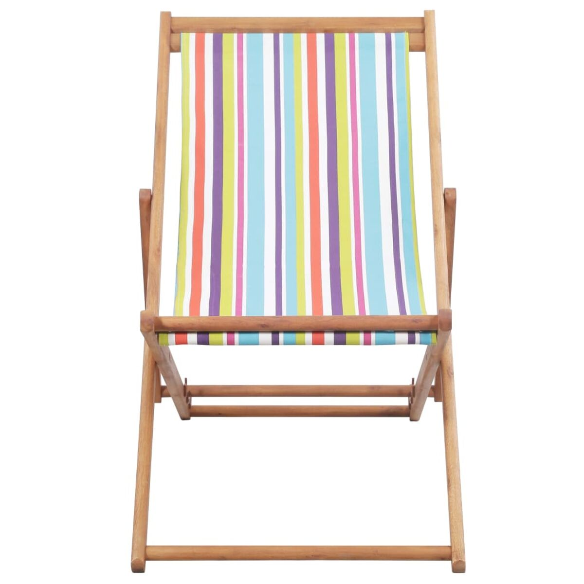 Ein Holz-Strandstuhl mit bunten Streifen. Die Streifen sind grün, lila, blau und orange.