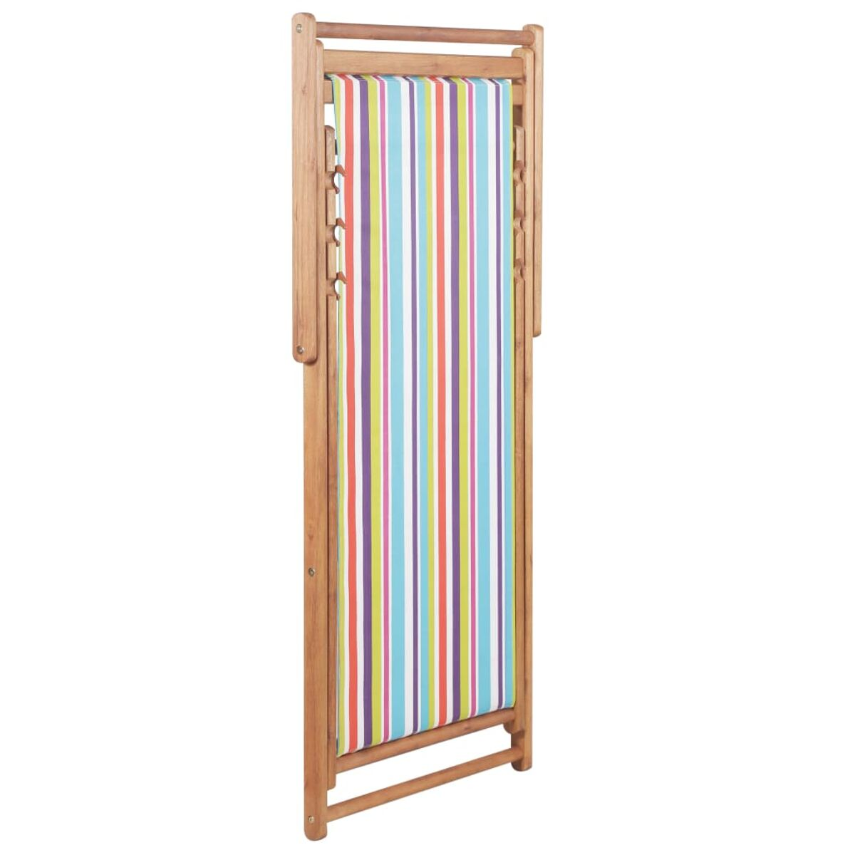 Klappbarer Holz-Strandstuhl mit bunt gestreiftem Stoff.