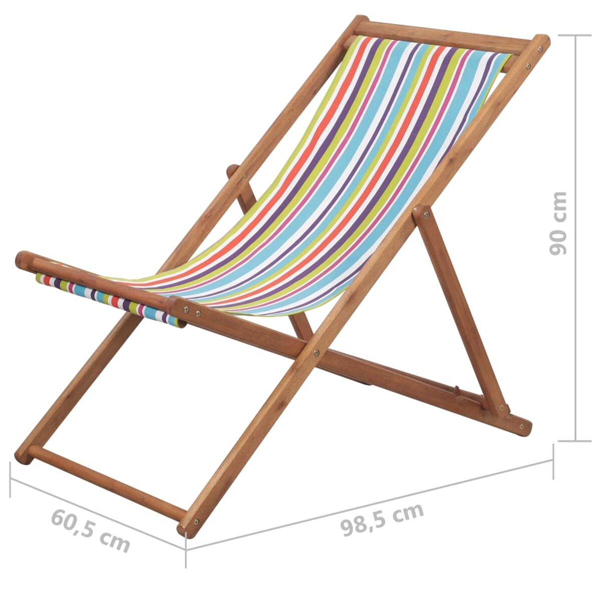 Holzstrandstuhl mit bunt gestreiftem Stoff. Maße: 98,5x60,5x90 cm.