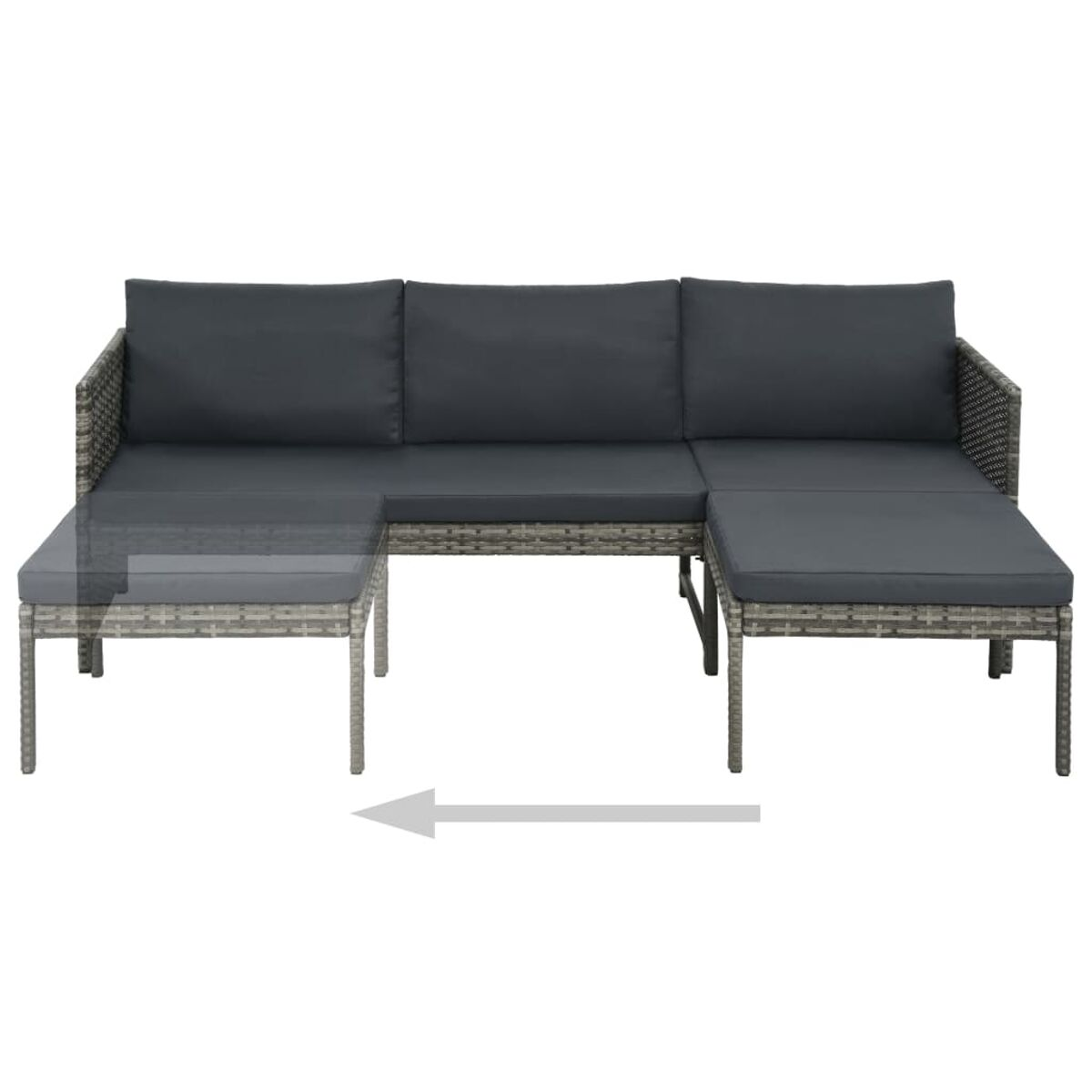 Outdoor-Ecksofa. Dunkelgraues Korbgeflecht mit dunkelgrauen Kissen. Pfeil zeigt einen beweglichen Teil.