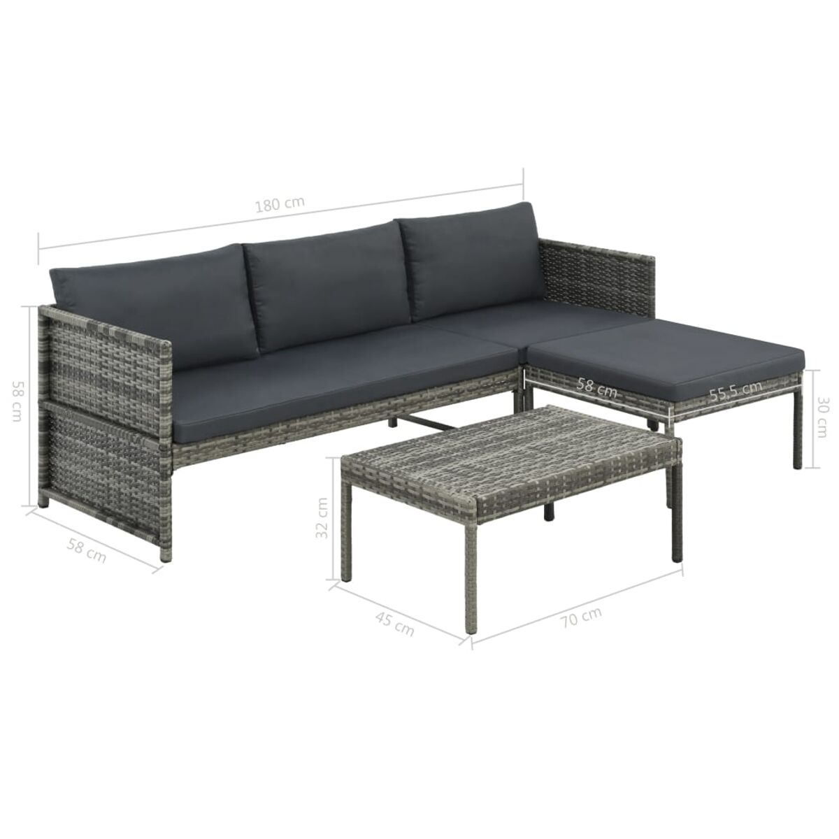 Graues Outdoor-Ecksofa aus Korbgeflecht und Couchtisch, mit Abmessungen in Zentimetern.