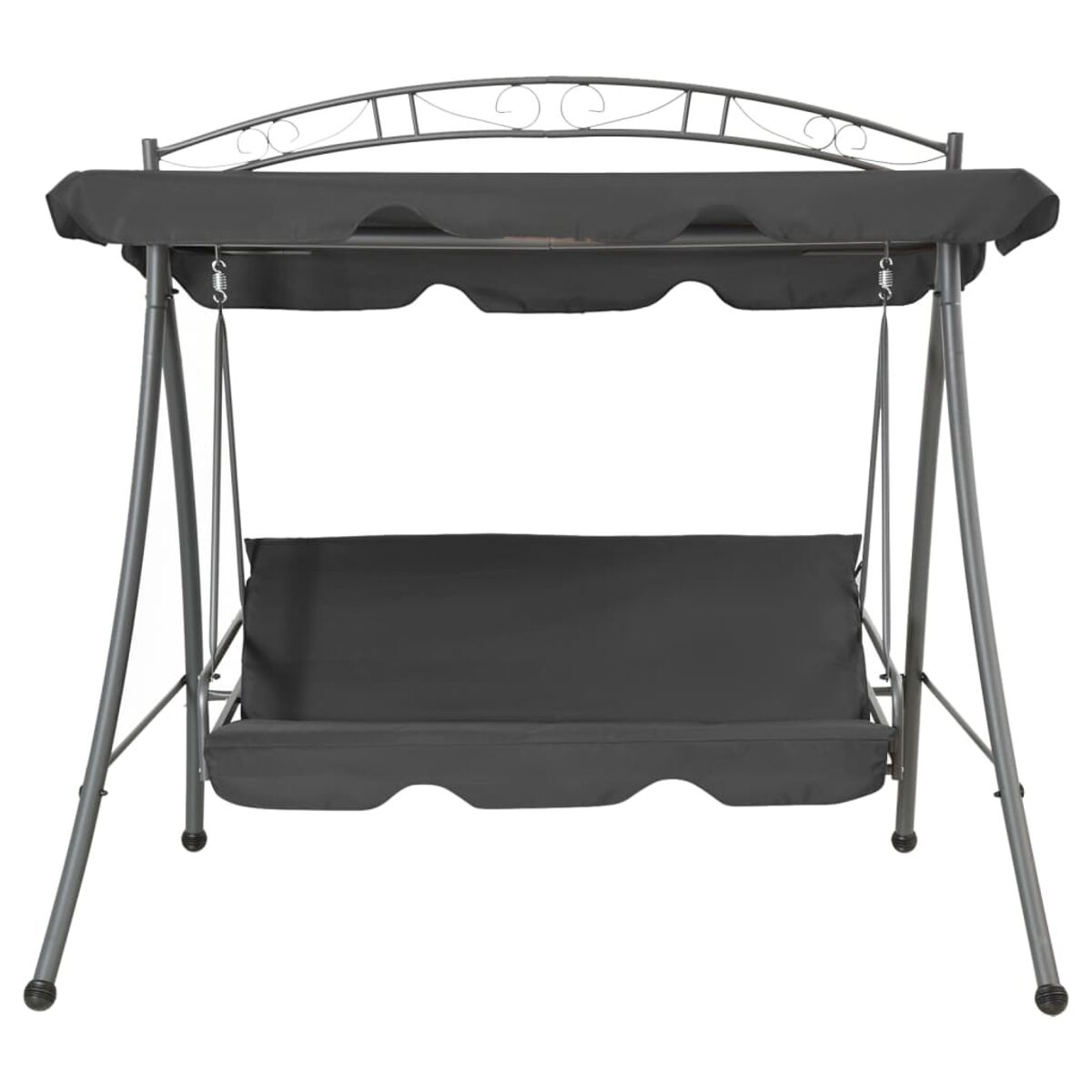 Schwarze Metall-Gartenschaukel. Verfügt über ein Verdeck, einen Sitz und einen Rahmen. Inklusive Zierarbeiten aus Metall.