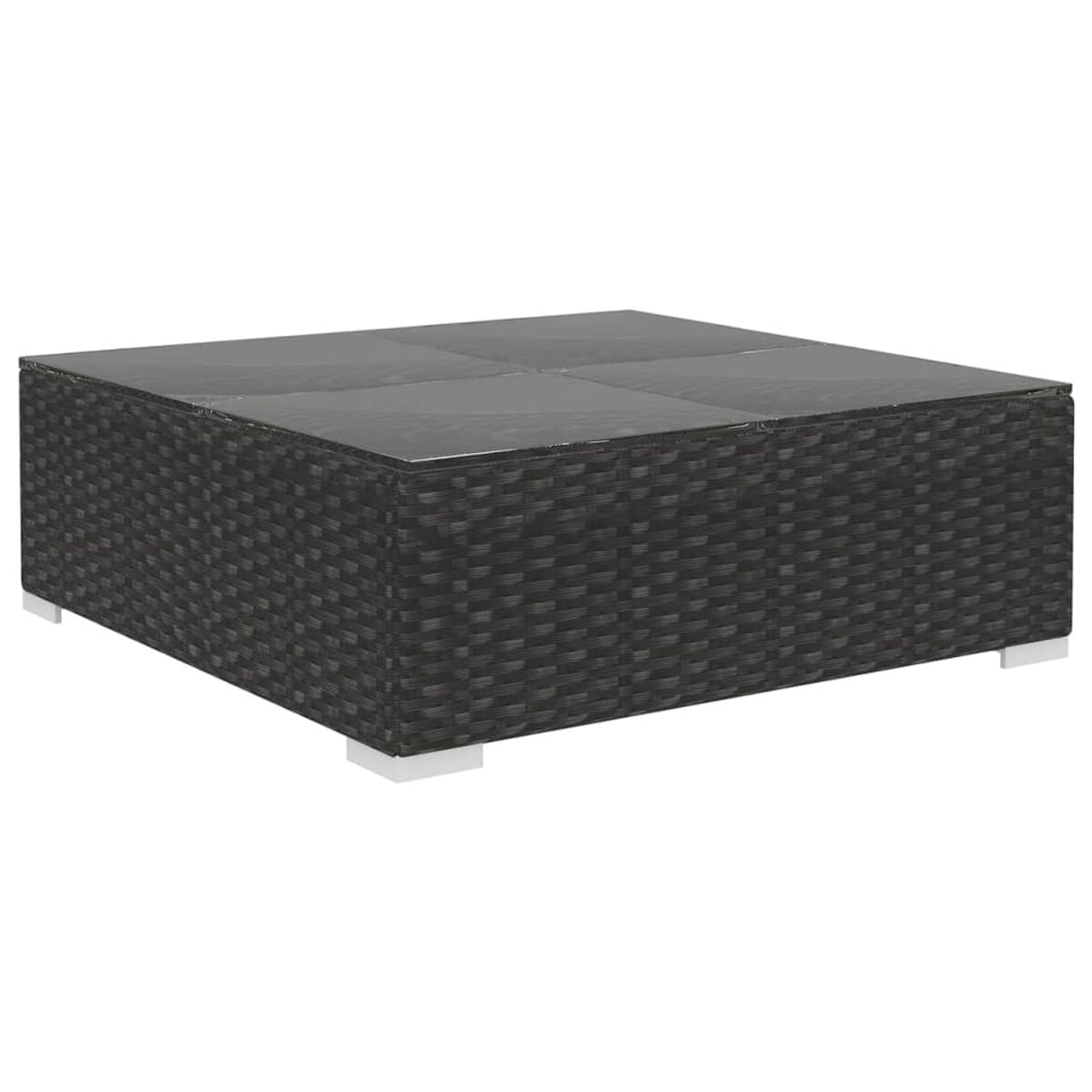Schwarzer Rattan-Couchtisch. Weiße Füße. Weißer Hintergrund.
