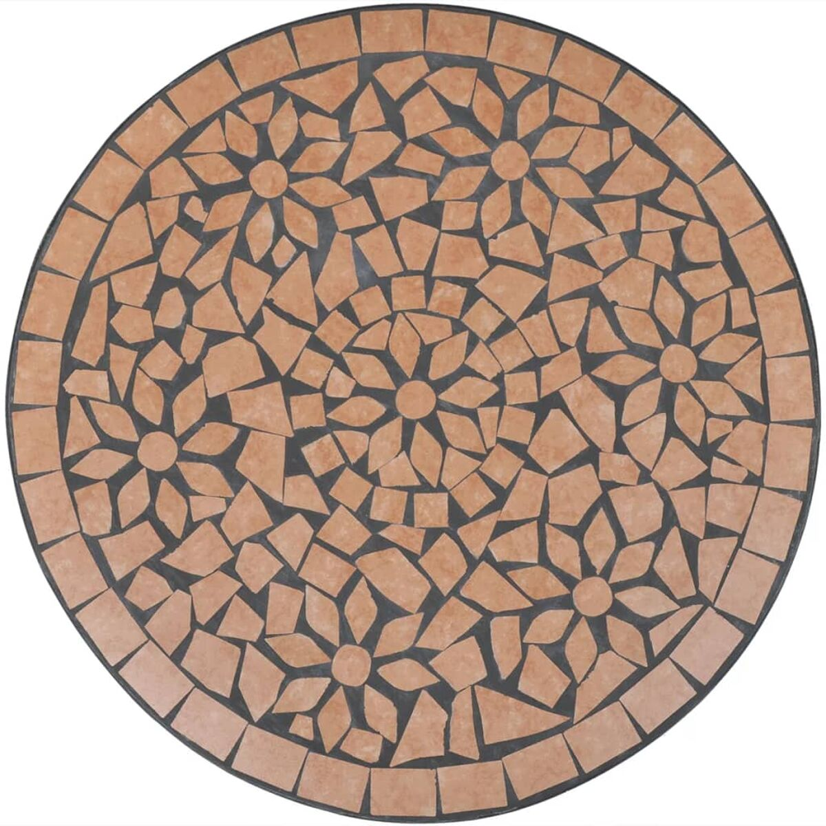 Ein runder Mosaiktisch mit braunem und orangenem Blumendesign auf dunklem Hintergrund.
