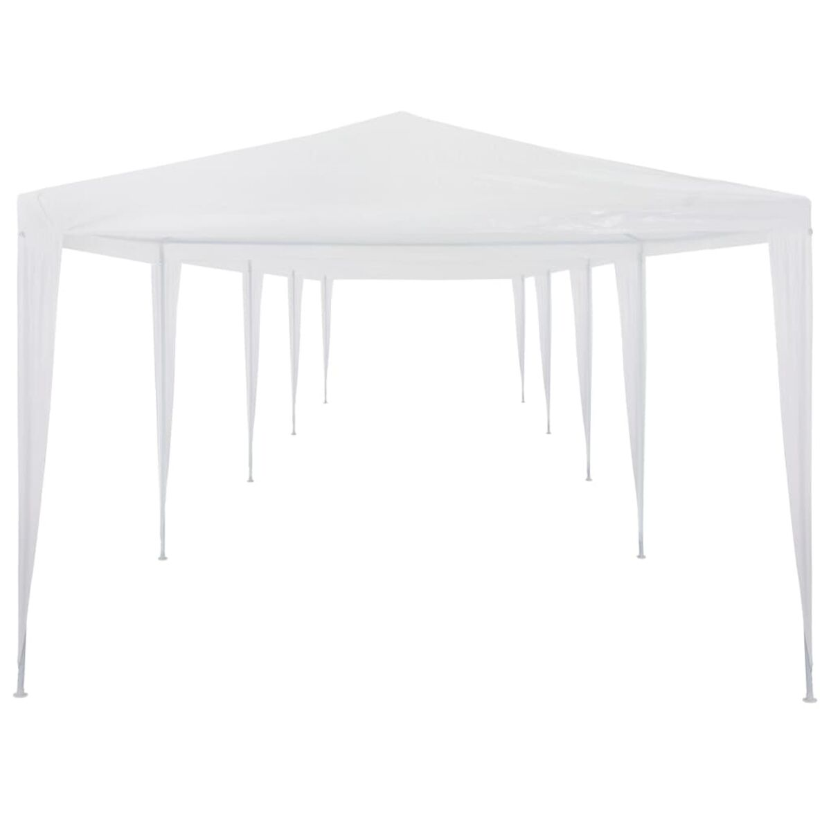 Weißer Pavillon, Seitenansicht. Rechteckige Form. Weiße Pfosten und Dach. Isoliert auf Weiß.