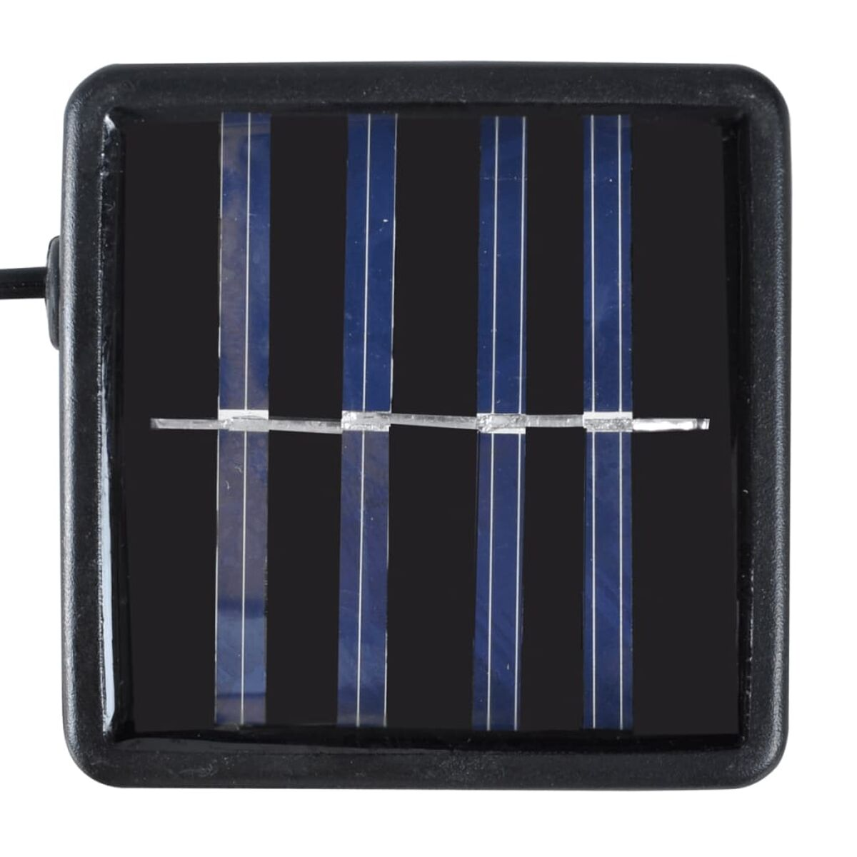 Kleines schwarzes Solarpanel mit blauen Linien und Drähten, in einem schwarzen Rahmen.