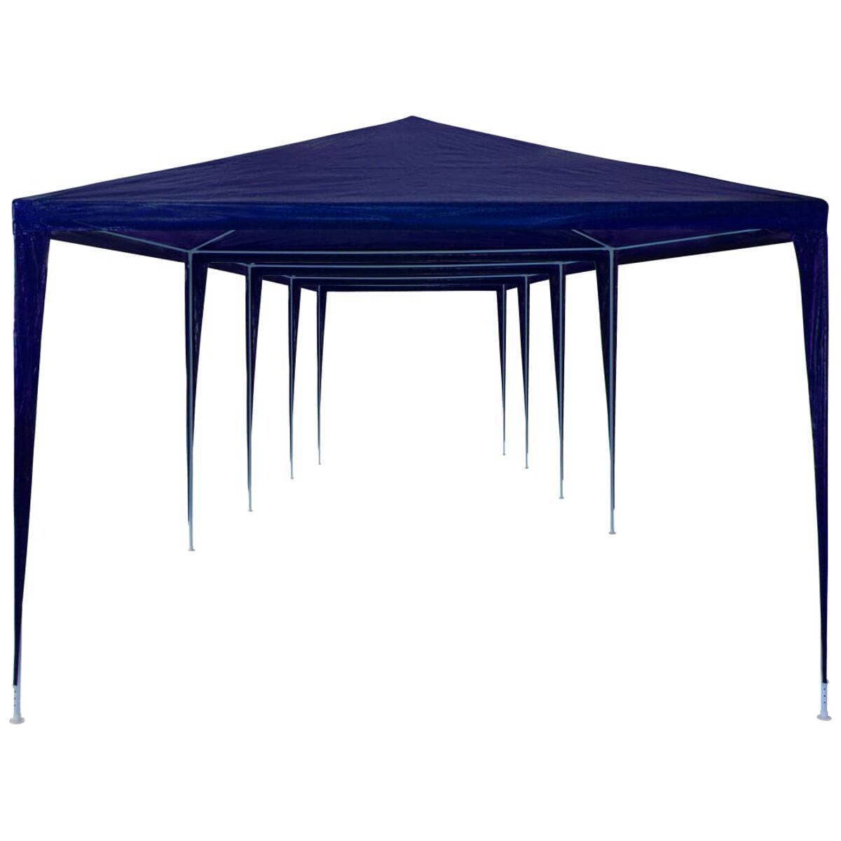 Blauer rechteckiger Pavillon mit weißem Hintergrund. Acht Stangen stützen das Zelt.