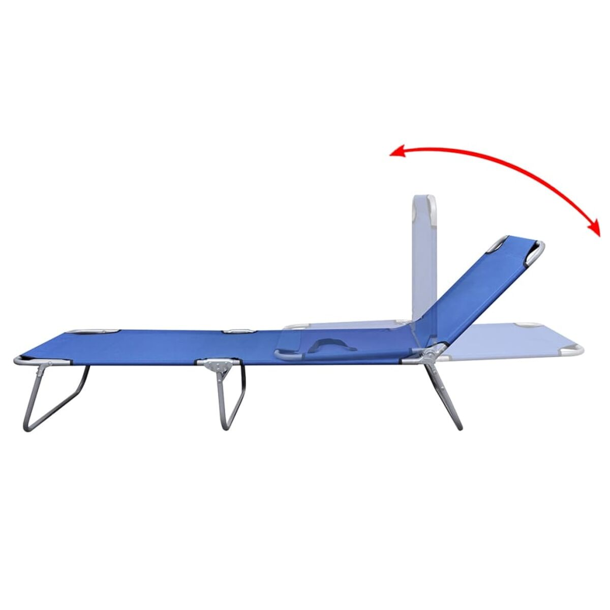 Blauer Klapp-Strandstuhl, Liegefunktion. Weißer Hintergrund. Roter Pfeil zeigt Bewegung.