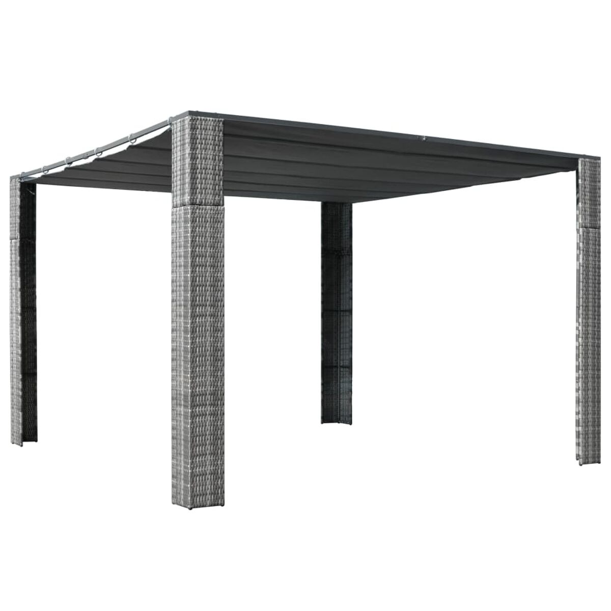 Graue Pergola mit einziehbarem Vordach. Vier graue Pfeiler und rechteckige Form.
