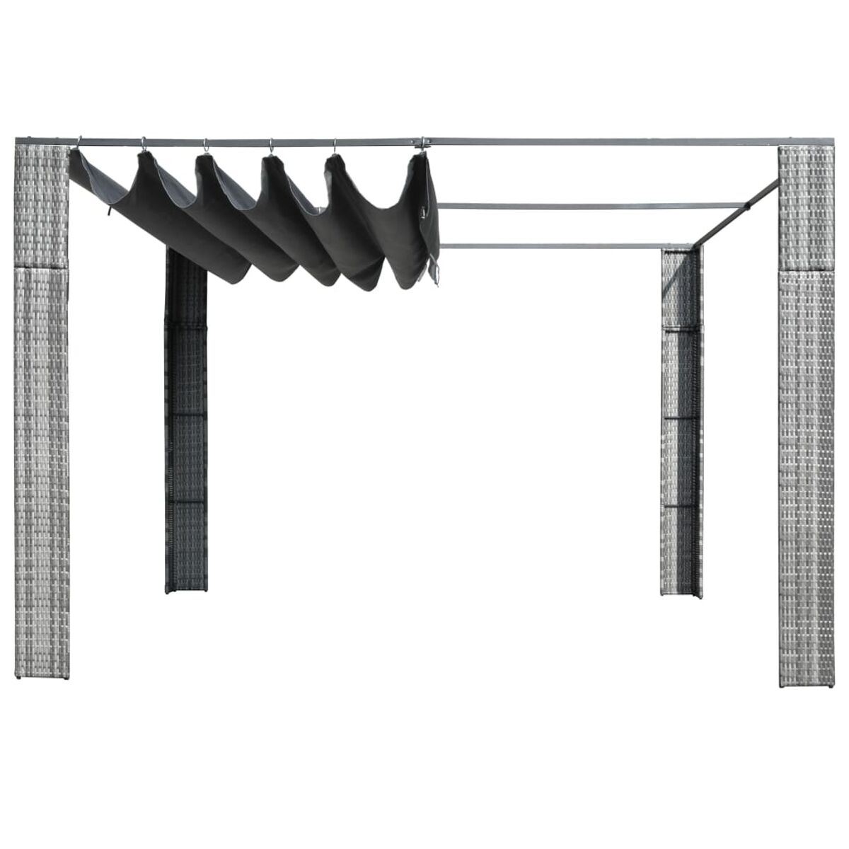 Pergola mit grauen, gewebten Seiten. Graues Vordach. Weißer Hintergrund. Direkte Ansicht.