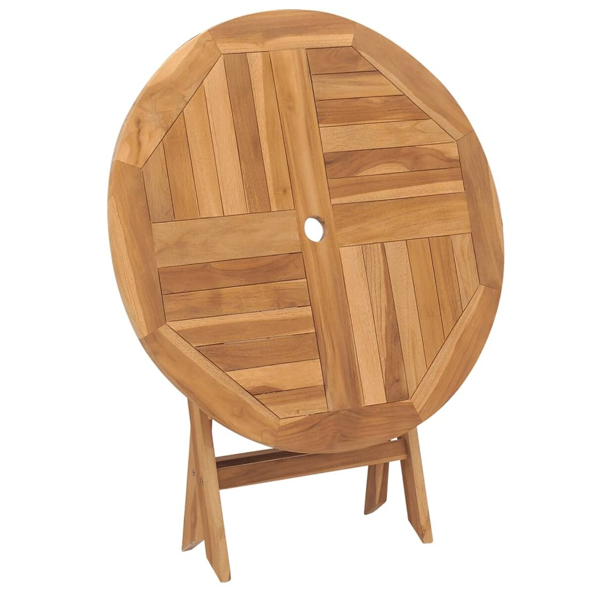 Runder Holztisch mit Loch in der Mitte, zusammengeklappte Beine.