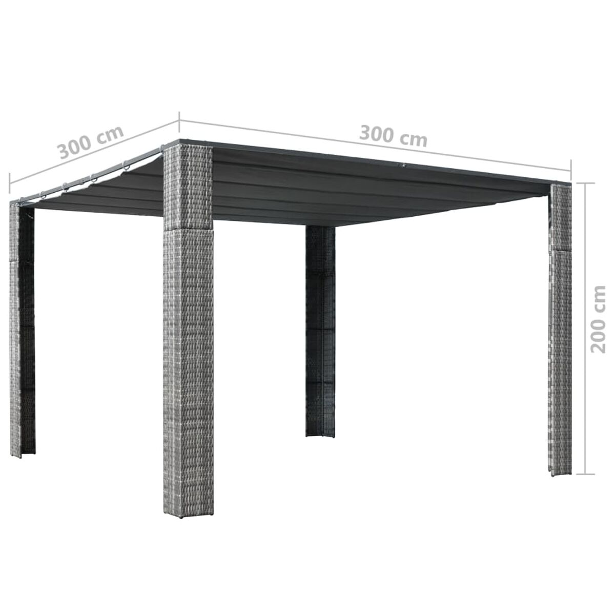 Eine quadratische Pergola mit grauen Korbwänden und einem grauen Stoffdach.