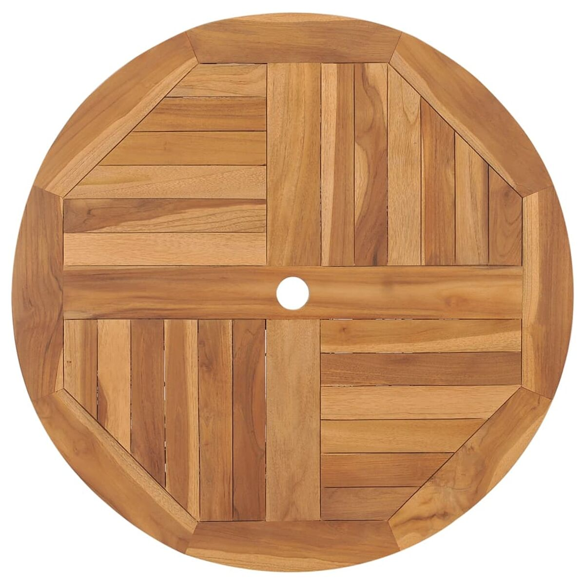 Ein runder Holztisch mit einem einzigartigen Muster aus Holzplanken, die kreisförmig angeordnet sind.