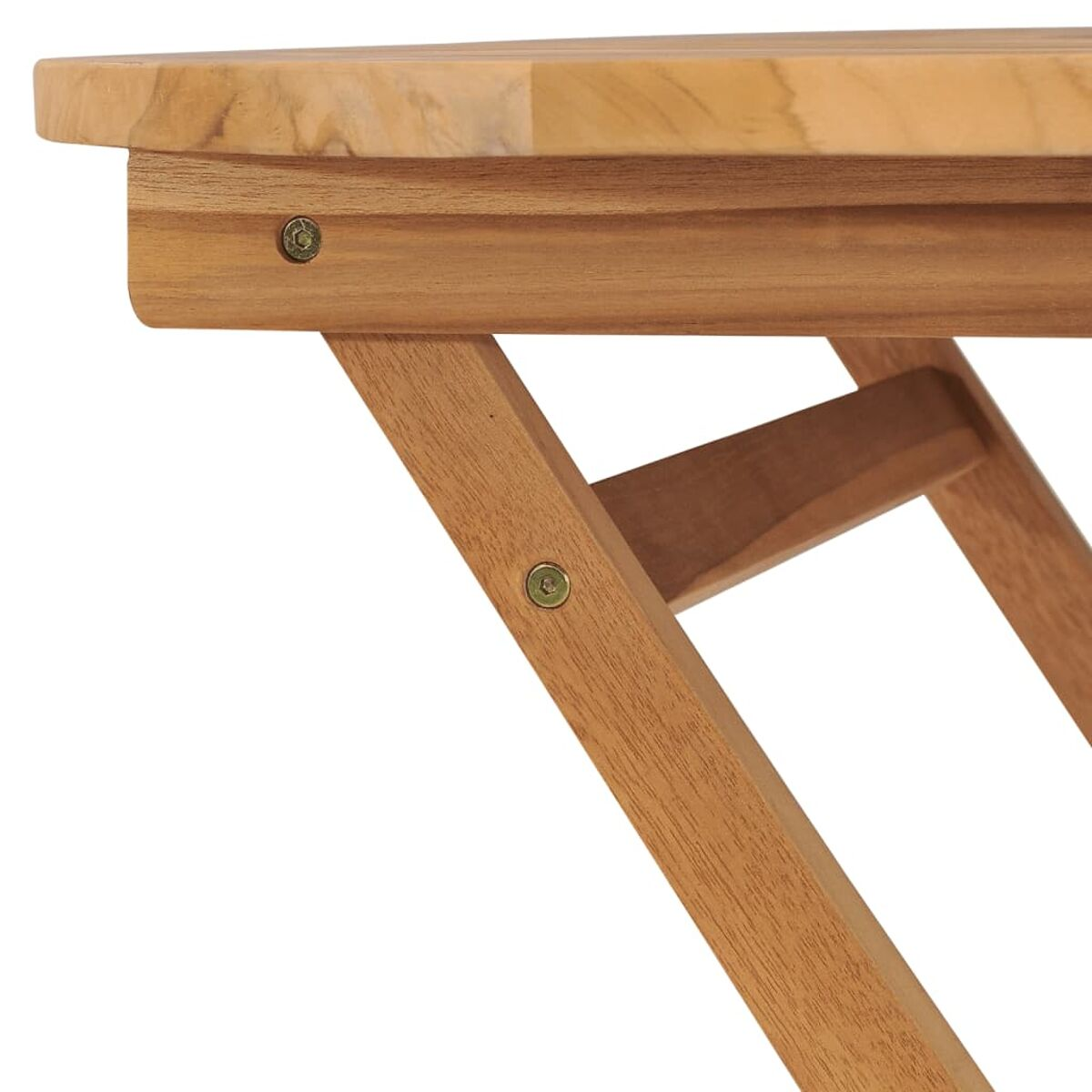Nahaufnahme eines Holz-Tischrahmens mit kreuzbeinigem Design. Das Holz ist hellbraun.