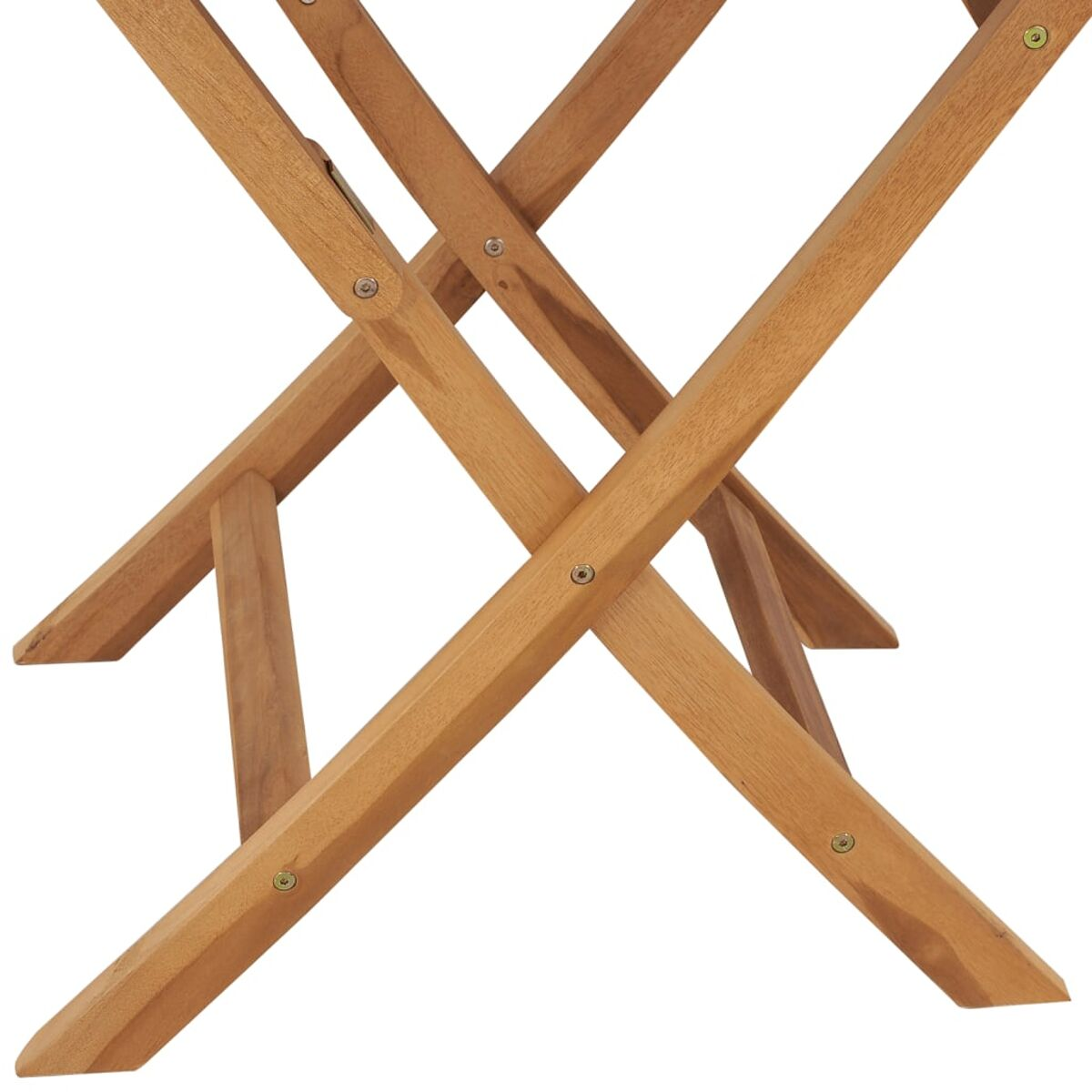 Nahaufnahme der Beine und der Tragstruktur eines zusammenklappbaren Holztisches.