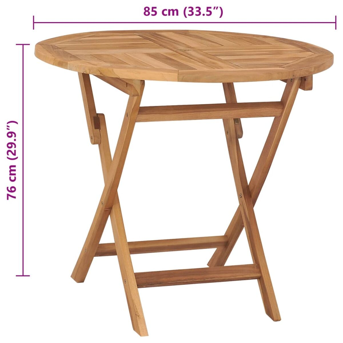 Ein runder Holztisch mit Abmessungen wird gezeigt. Der Tisch hat Klappbeine.
