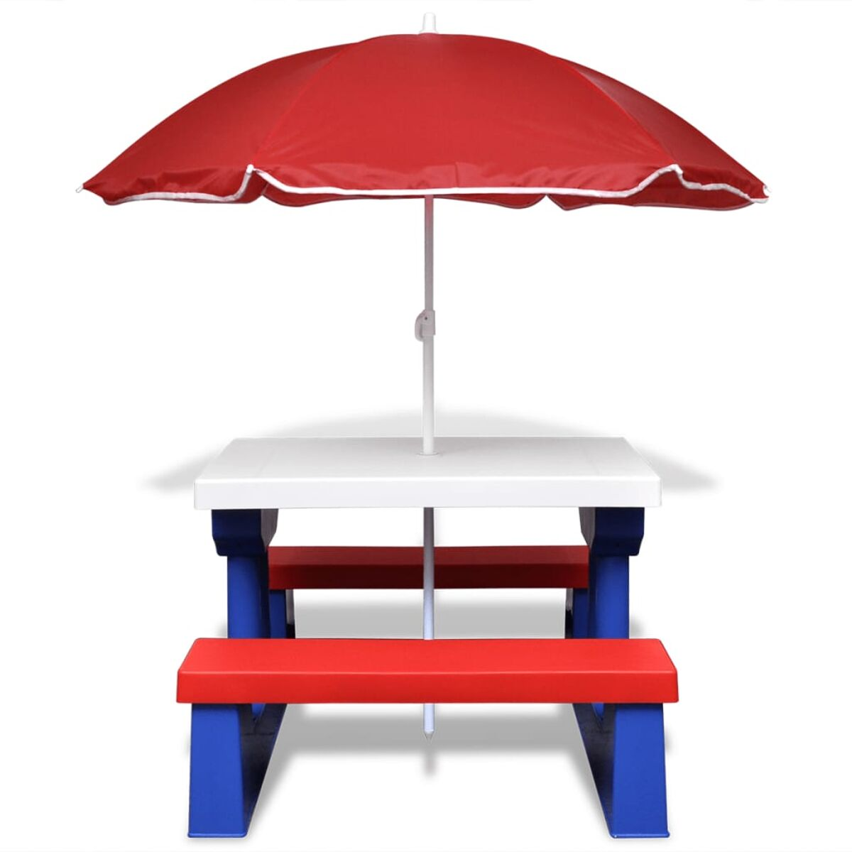 Rot-blauer Picknicktisch mit Sonnenschirm. Weiße Tischplatte, rote Bänke.