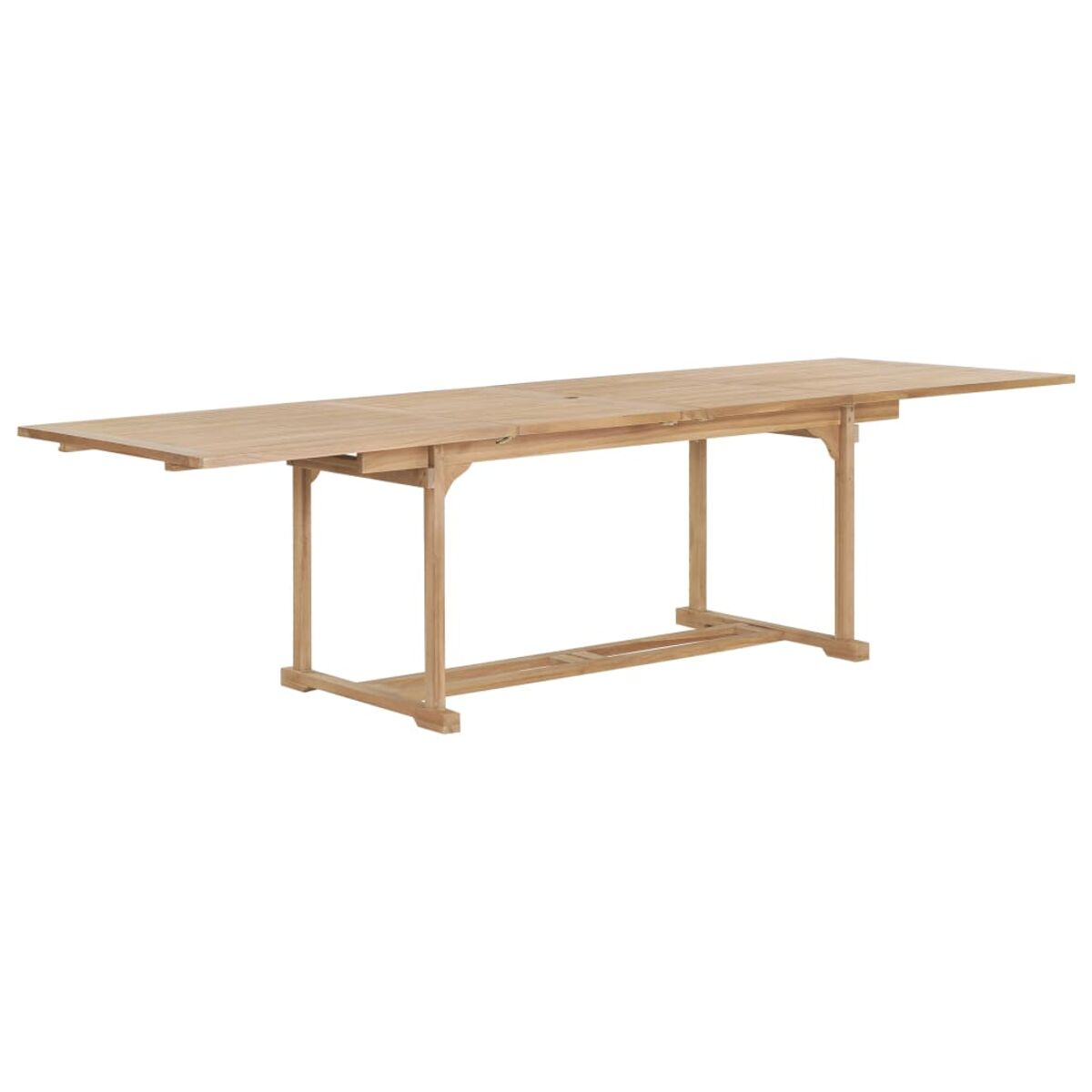 Ausziehbarer Holztisch. Hellbraunes Holz, Beine, offen. Weißer Hintergrund.