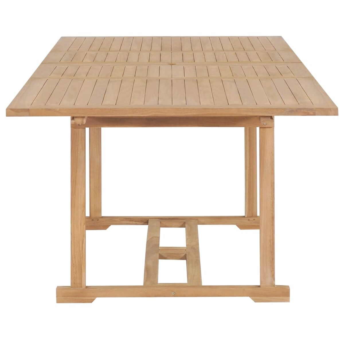 Ein hellbrauner rechteckiger Holztisch mit Lattenoberfläche und stabilem Rahmen.